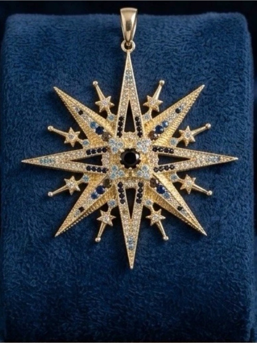 Gold Starburst Pendant with Blue and Black Accents